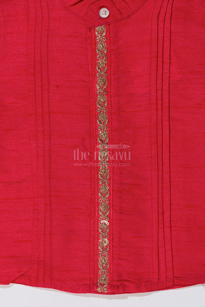 The Nesavu Boys Silk Shirt Boys Pink Shirt Silk with Embroidered Front Panel and Short Sleeves for Traditional Wear Nesavu Nesavu Boys Pink Silk Shirt Embroidered Front Panel Short Sleeves Festive Wear