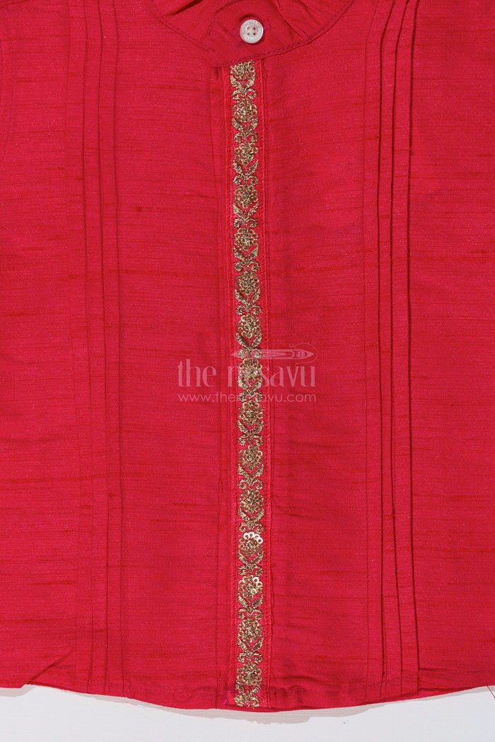 The Nesavu Boys Silk Shirt Boys Pink Shirt Silk with Embroidered Front Panel and Short Sleeves for Traditional Wear Nesavu Boys Pink Silk Shirt Embroidered Front Panel Short Sleeves Festive Wear | The Nesavu