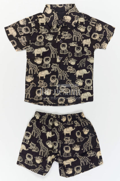 The Nesavu Boys Casual Set Boys Printed Co Ord Set for Casual Outings and Daily Wear Nesavu 16 (1Y) / Black / Cotton BCS605B-16 Nesavu Boys Printed Cotton Co Ord Set For Casual Outings With Animal Print Shirt And Shorts