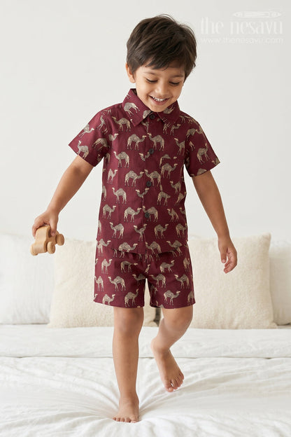 The Nesavu Boys Casual Set Boys Printed Co Ord Set for Casual Outings and Everyday Wear Nesavu 16 (1Y) / Red / Cotton BCS608A-16 Nesavu Boys Cotton Co Ord Set For Casual Wear With Camel Print Shirt And Shorts Summer Outfit