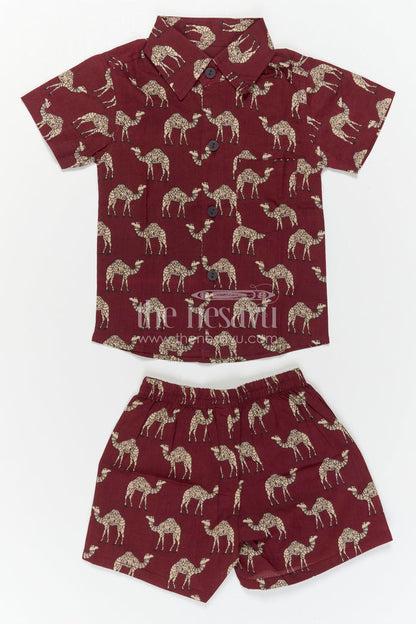 The Nesavu Boys Casual Set Boys Printed Co Ord Set for Casual Outings and Everyday Wear Nesavu Nesavu Boys Cotton Co Ord Set For Casual Wear With Camel Print Shirt And Shorts Summer Outfit