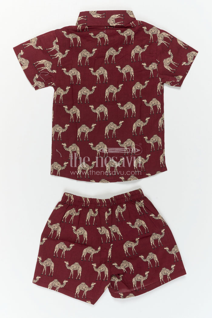 The Nesavu Boys Casual Set Boys Printed Co Ord Set for Casual Outings and Everyday Wear Nesavu Nesavu Boys Cotton Co Ord Set For Casual Wear With Camel Print Shirt And Shorts Summer Outfit