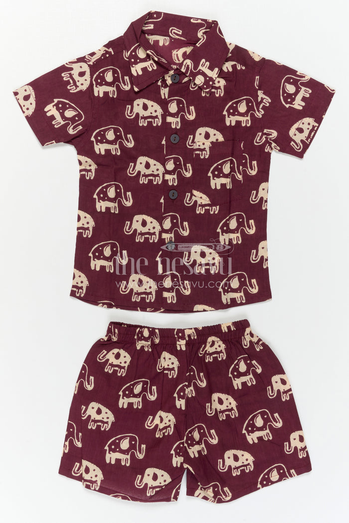 The Nesavu Boys Casual Set Boys Printed Co Ord Set for Casual Outings and Travel Wear Nesavu Nesavu Boys Cotton Co Ord Set For Casual Outings With Elephant Print Shirt And Shorts Summer Wear
