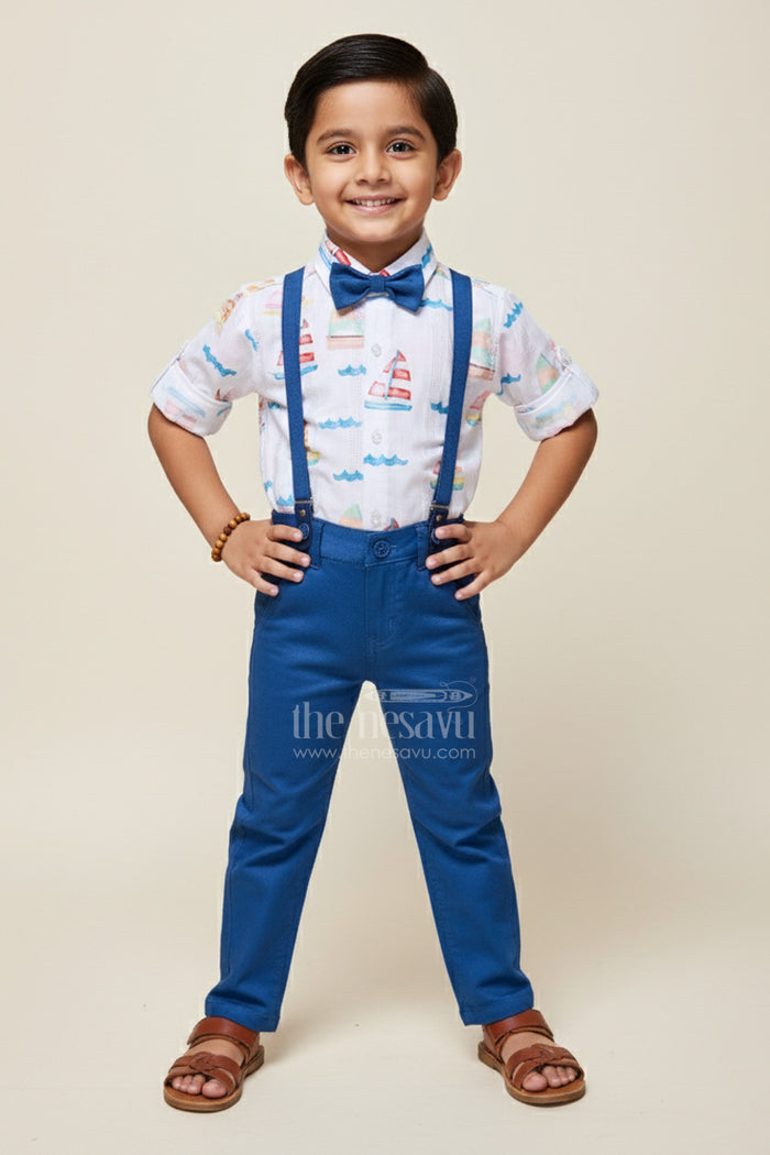 The Nesavu Boys Casual Set Boys Printed Cotton Shirt and Pant Set with Suspenders for Casual Events Nesavu 16 (1Y) / Blue BCS437A-16 Nesavu boys cotton outfit nautical print shirt suspenders bow tie day outings