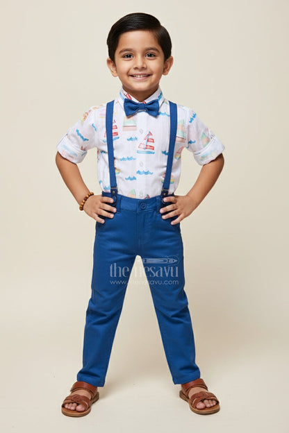 The Nesavu Boys Casual Set Boys Printed Cotton Shirt and Pant Set with Suspenders for Casual Events Nesavu 16 (1Y) / Blue BCS437A-16 Nesavu boys cotton outfit nautical print shirt suspenders bow tie day outings