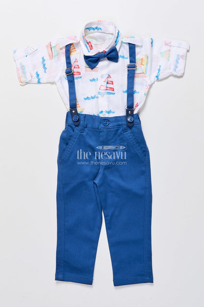 The Nesavu Boys Casual Set Boys Printed Cotton Shirt and Pant Set with Suspenders for Casual Events Nesavu Nesavu boys cotton outfit nautical print shirt suspenders bow tie day outings