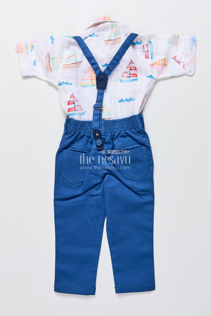 The Nesavu Boys Casual Set Boys Printed Cotton Shirt and Pant Set with Suspenders for Casual Events Nesavu Nesavu boys cotton outfit nautical print shirt suspenders bow tie day outings