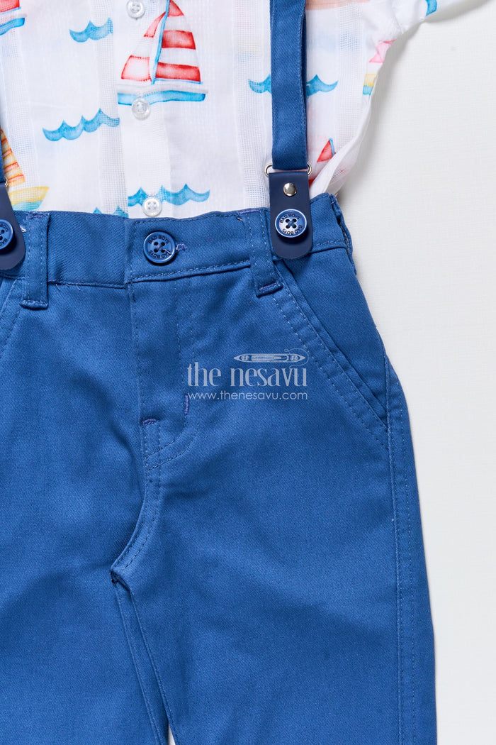 The Nesavu Boys Casual Set Boys Printed Cotton Shirt and Pant Set with Suspenders for Casual Events Nesavu Nesavu boys cotton outfit nautical print shirt suspenders bow tie day outings