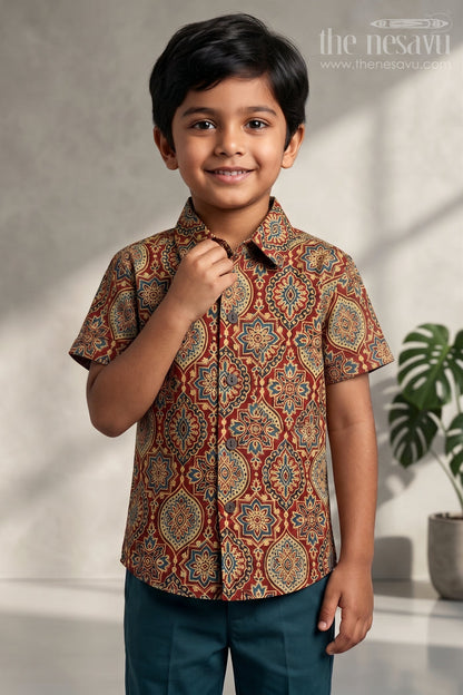 The Nesavu Boys Cotton Shirt Boys Printed Cotton Shirt for Casual Outings and Vacation Wear Nesavu 20 (3Y) / Green / Cotton BS496B-20 Nesavu Boys Cotton Printed Shirt With Geometric Digital Print For Casual And Festive Outings