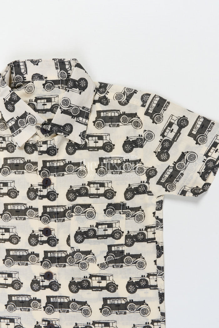 The Nesavu Boys Cotton Shirt Boys Printed Cotton Shirt for Playdates and Casual Outings Nesavu Nesavu boys cotton shirt with car print for casual outings and everyday wear