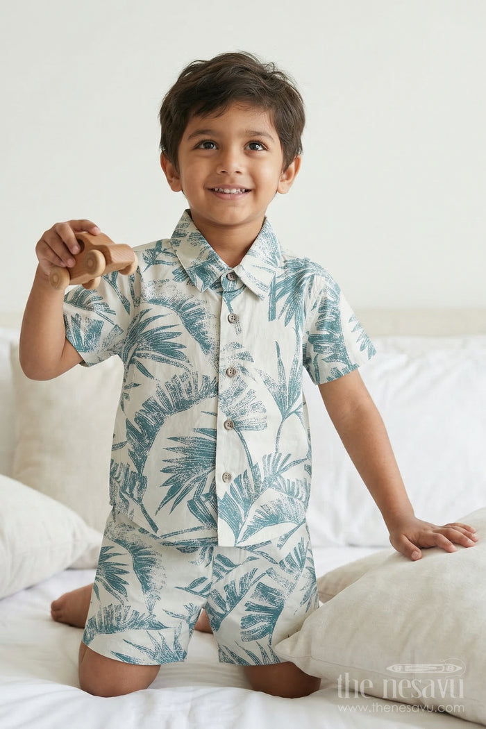 The Nesavu Boys Casual Set Boys Printed Shirt and Shorts Set for Holiday Wear Nesavu 12 (3M) / Blue / Cotton BCS554A-12 Nesavu Boys Printed Cotton Shirt And Shorts Set For Holidays Summer Outings And Casual Events