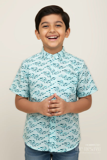 The Nesavu Boys Cotton Shirt Boys Printed Shirt in Soft Cotton with Blue Ocean Wave Motif and Digital Fish Pattern for Playful Styling Nesavu 16 (1Y) / Blue BS281A-16 Nesavu Boys Printed Shirt Cotton Blue Ocean Fish Digital Print Light Comfortable Fabric