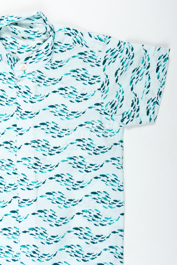 The Nesavu Boys Cotton Shirt Boys Printed Shirt in Soft Cotton with Blue Ocean Wave Motif and Digital Fish Pattern for Playful Styling Nesavu Nesavu Boys Printed Shirt Cotton Blue Ocean Fish Digital Print Light Comfortable Fabric