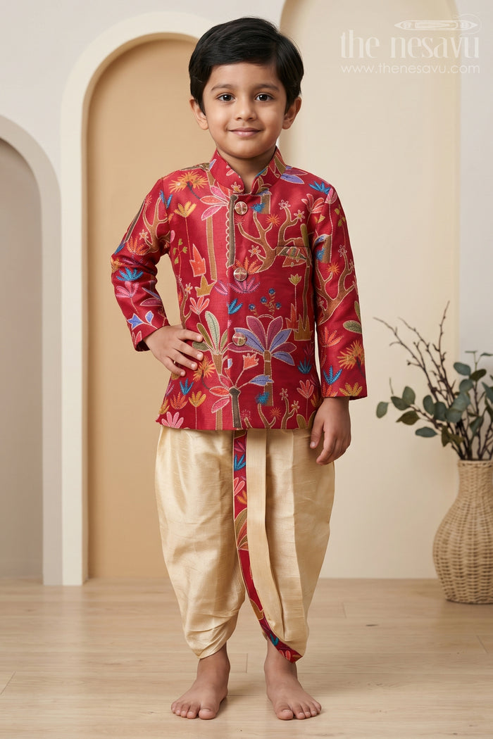 The Nesavu Boys Sherwani Boys Sherwani Outfit for Wedding Ceremonies and Festive Occasions Nesavu 12 (3M) / Red / Viscose BES1004AB-12 Nesavu Boys Sherwani Outfit For Wedding Ceremonies With Embroidered Viscose Silk Festive Wear Set
