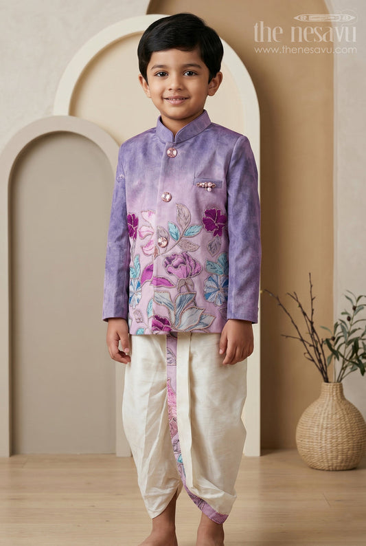 The Nesavu Boys Sherwani Boys Sherwani Set for Celebrations and Festive Occasions Nesavu 14 (6M) / Purple / Viscose Silk BES1014B-14 Nesavu Boys Sherwani Set For Weddings Viscose Silk With Digital Print Festive Ethnic Outfit
