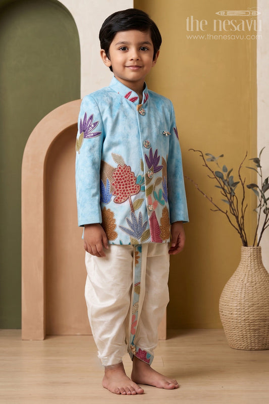 The Nesavu Boys Sherwani Boys Sherwani Set for Festive Occasions and Weddings Nesavu 14 (6M) / Blue / Viscose Silk BES1015B-14 Nesavu Boys Sherwani Set With Sequence Embroidery Viscose Silk For Weddings And Festive Wear