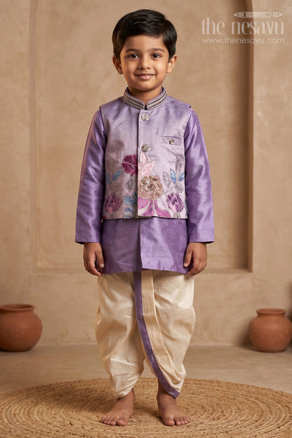 The Nesavu Boys Dothi Set Boys Sherwani Set for Festive Wear and Cultural Celebrations Nesavu 14 (6M) / Purple / Viscose BES1011B-14 Nesavu Boys Sherwani Set For Festive Wear With Designer Jacket And Traditional Dhoti Outfit