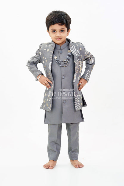 The Nesavu Boys Jacket Sets Boys Sherwani with Long Jacket in Silk Blend with Designer Embroidery and Elegant Detailing Nesavu Nesavu Boys Sherwani Long Jacket Silk Blend Designer Embroidery Regal Charm