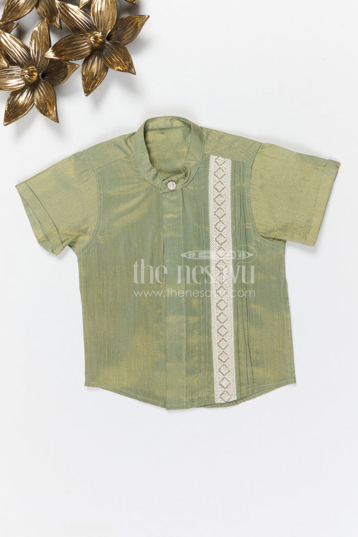 The Nesavu Boys Silk Shirt Boys Silk Shirt for Festive and Traditional Occasions Nesavu 14 (6M) / Green / Silk Blend BS414A-14 Nesavu boys tissue silk festive shirt with woven front detail