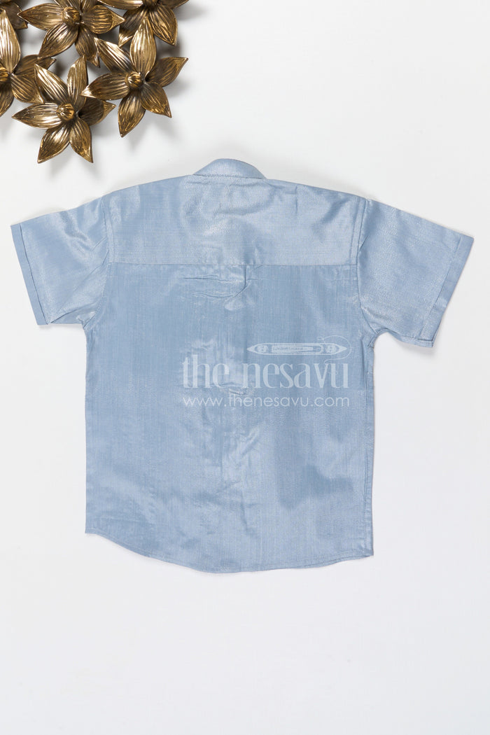 The Nesavu Boys Silk Shirt Boys Silk Shirt for Festive and Traditional Nesavu Nesavu boys tissue silk festive shirt with embroidered front panel
