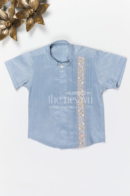 The Nesavu Boys Silk Shirt Boys Silk Shirt for Festive Gatherings and Special Occasions Nesavu 14 (6M) / Gray / Silk Blend BS410A-14 Nesavu boys tissue silk ethnic shirt with embroidery detail