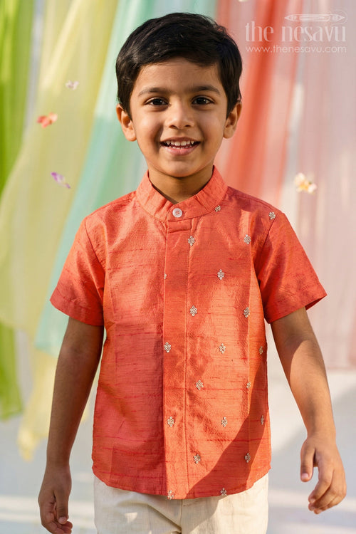 The Nesavu Boys Silk Shirt Boys Silk Shirt for Festive Weddings and Family Celebrations Nesavu 16 (1Y) / Red / Raw Silk BS473B-16 Nesavu Boys Silk Shirt With Embroidery For Festive Weddings And Traditional Celebrations