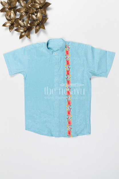 The Nesavu Boys Silk Shirt Boys Silk Shirt for Weddings and Festive Events Nesavu 14 (6M) / Blue / Silk Blend BS413A-14 Nesavu boys blue tissue silk festive shirt with embroidered placket