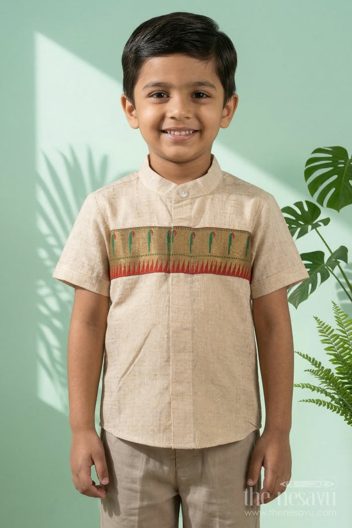 The Nesavu Boys Silk Shirt Boys Silk Shirt with Paithani Border for Traditional Ceremonies Nesavu 14 (6M) / Gold / Cotton Silk BS402A-14 Nesavu boys silk shirt with Paithani border in cotton tissue – perfect for weddings and traditional functions
