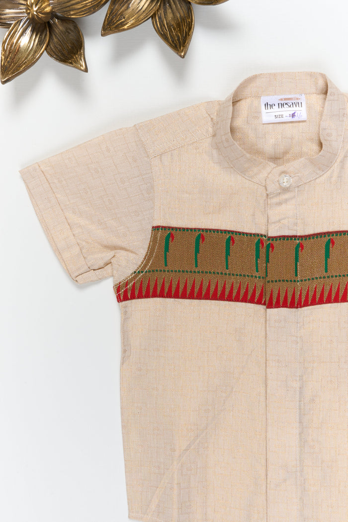 The Nesavu Boys Silk Shirt Boys Silk Shirt with Paithani Border for Traditional Ceremonies Nesavu Nesavu boys silk shirt with Paithani border in cotton tissue – perfect for weddings and traditional functions
