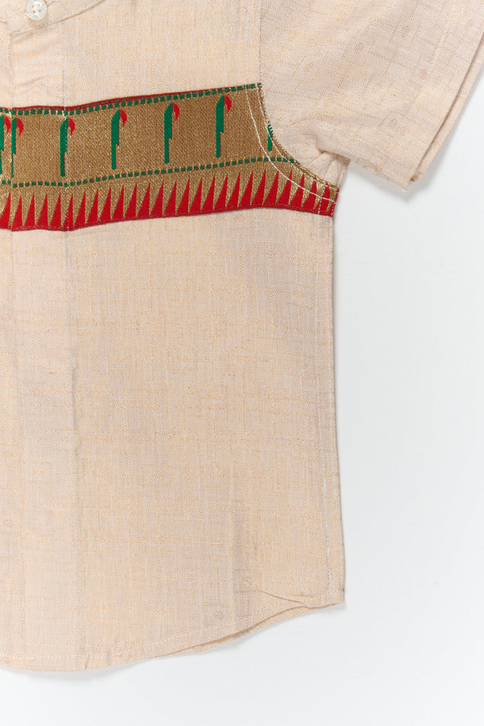 The Nesavu Boys Silk Shirt Boys Silk Shirt with Paithani Border for Traditional Ceremonies Nesavu Nesavu boys silk shirt with Paithani border in cotton tissue – perfect for weddings and traditional functions