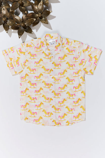 The Nesavu Boys Cotton Shirt Boys Smart Casual Shirts Men Inspired Design in Cotton Block Print with Rocking Horse Motif Nesavu 16 (1Y) / Yellow BS249A-16 Nesavu Boys Smart Casual Shirt Cotton Block Print Rocking Horse Motif