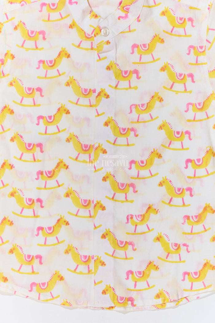 The Nesavu Boys Cotton Shirt Boys Smart Casual Shirts Men Inspired Design in Cotton Block Print with Rocking Horse Motif Nesavu Nesavu Boys Smart Casual Shirt Cotton Block Print Rocking Horse Motif