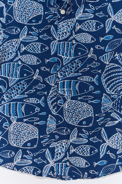 The Nesavu Boys Cotton Shirt Boys Stylish Cotton Shirts in Blue Cotton Block Print with Intricate Fish Motif Nesavu Nesavu Boys Stylish Cotton Shirt Cotton Block Print Blue Fish Motif