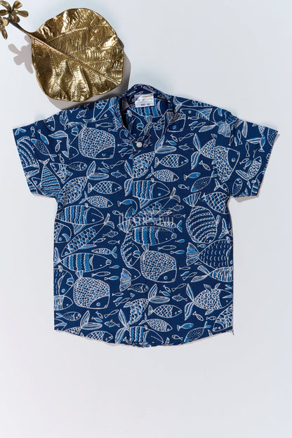 The Nesavu Boys Cotton Shirt Boys Stylish Cotton Shirts in Blue Cotton Block Print with Intricate Fish Motif Nesavu 16 (1Y) / Blue BS246A-16 Boys Stylish Cotton Shirt Cotton Block Print Blue Fish Motif | The Nesavu