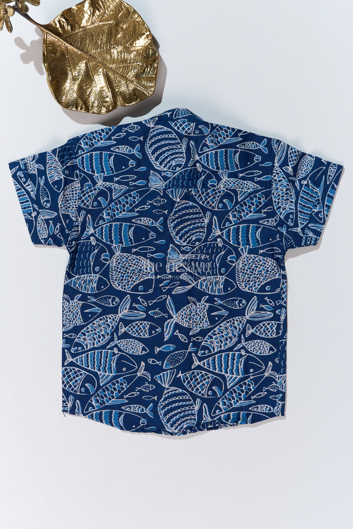 The Nesavu Boys Cotton Shirt Boys Stylish Cotton Shirts in Blue Cotton Block Print with Intricate Fish Motif Nesavu Boys Stylish Cotton Shirt Cotton Block Print Blue Fish Motif | The Nesavu