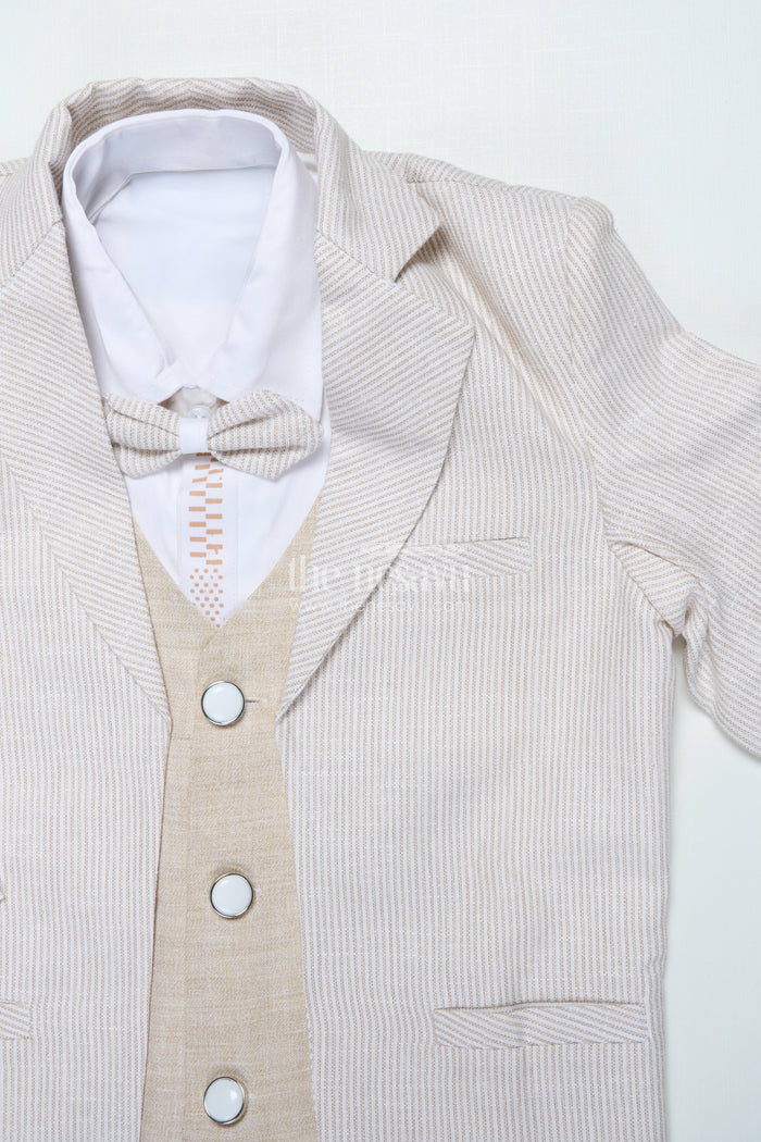 The Nesavu Boys Jacket Sets Boys Three-Piece Blazer Set with Bow Tie for Weddings and Celebrations Nesavu Nesavu boys striped cotton blazer suit bow tie wedding celebrations
