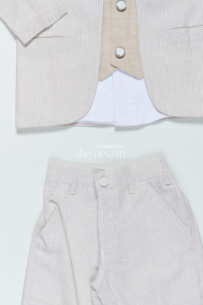 The Nesavu Boys Jacket Sets Boys Three-Piece Blazer Set with Bow Tie for Weddings and Celebrations Nesavu Nesavu boys striped cotton blazer suit bow tie wedding celebrations
