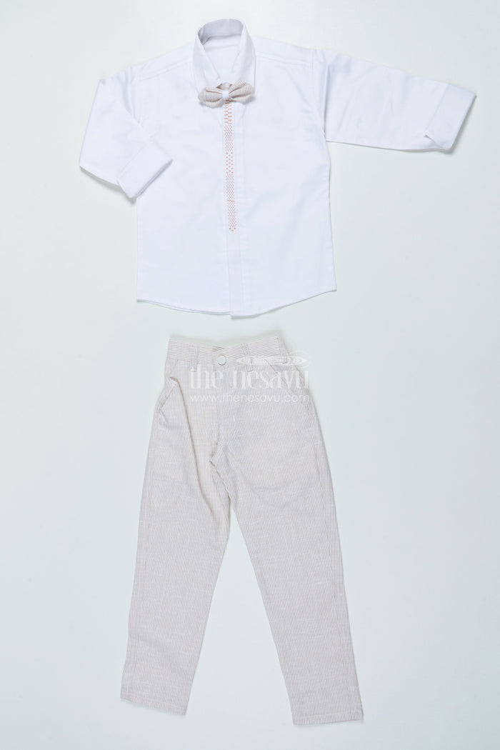 The Nesavu Boys Jacket Sets Boys Three-Piece Blazer Set with Bow Tie for Weddings and Celebrations Nesavu Nesavu boys striped cotton blazer suit bow tie wedding celebrations