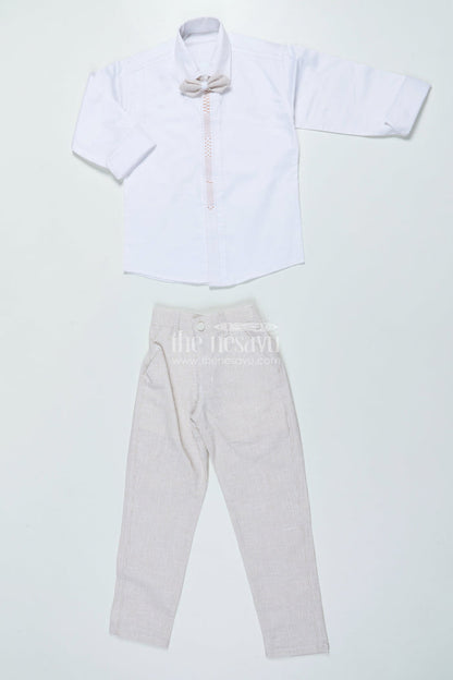 The Nesavu Boys Jacket Sets Boys Three-Piece Blazer Set with Bow Tie for Weddings and Celebrations Nesavu Nesavu boys striped cotton blazer suit bow tie wedding celebrations