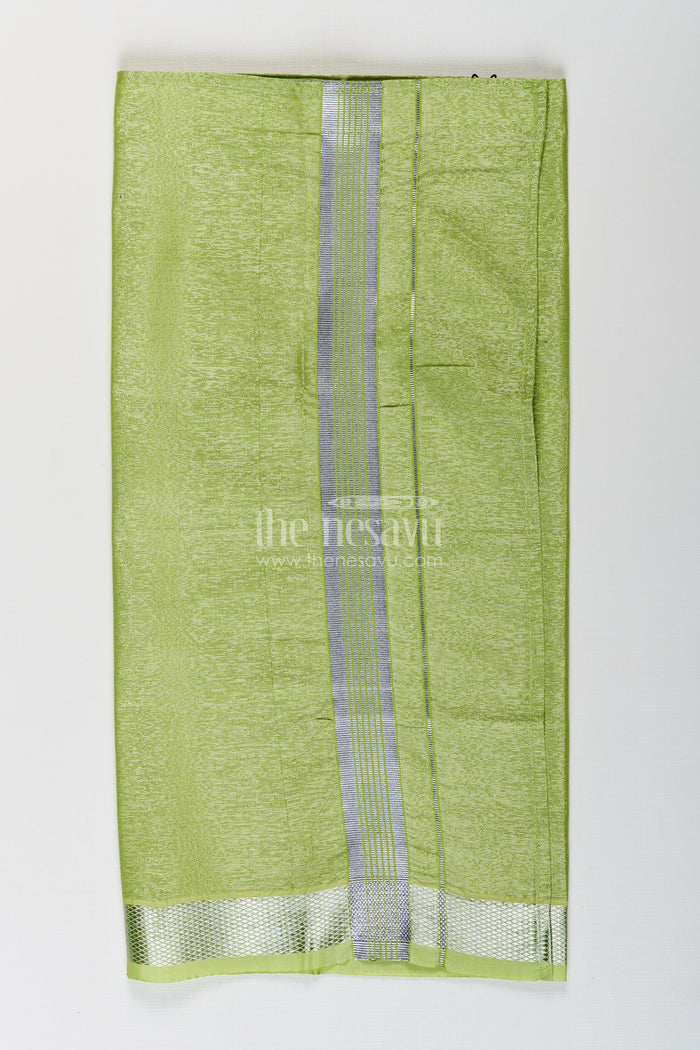 The Nesavu Boys Vesti Boys Tissue Dhoti in Light Green with Silver Zari for Vibrant Traditional Style in Latest Dhoti Look Nesavu Boys Latest Dhoti Light Green Tissue Silver Zari Border Stylish Ethnic Wear | The Nesavu