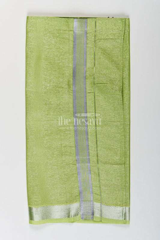 The Nesavu Boys Vesti Boys Tissue Dhoti in Light Green with Silver Zari for Vibrant Traditional Style in Latest Dhoti Look Nesavu Boys Latest Dhoti Light Green Tissue Silver Zari Border Stylish Ethnic Wear | The Nesavu