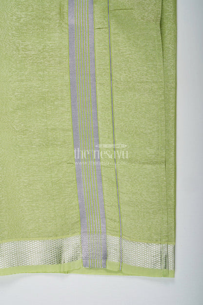The Nesavu Boys Vesti Boys Tissue Dhoti in Light Green with Silver Zari for Vibrant Traditional Style in Latest Dhoti Look Nesavu Boys Latest Dhoti Light Green Tissue Silver Zari Border Stylish Ethnic Wear | The Nesavu