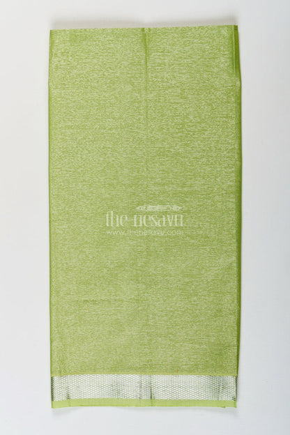 The Nesavu Boys Vesti Boys Tissue Dhoti in Light Green with Silver Zari for Vibrant Traditional Style in Latest Dhoti Look Nesavu Boys Latest Dhoti Light Green Tissue Silver Zari Border Stylish Ethnic Wear | The Nesavu