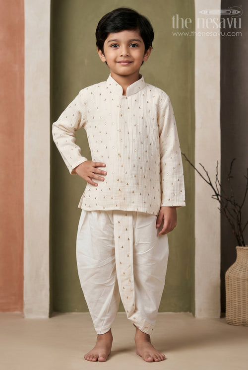 The Nesavu Boys Dothi Set Boys Traditional Dothi Set for Naming Ceremony and Pooja Nesavu 10 (NB) / Half white / Viscose Silk BES1020A-10 Nesavu Boys Traditional Dothi Set With Foil Detailing For Pooja And Festive Celebrations