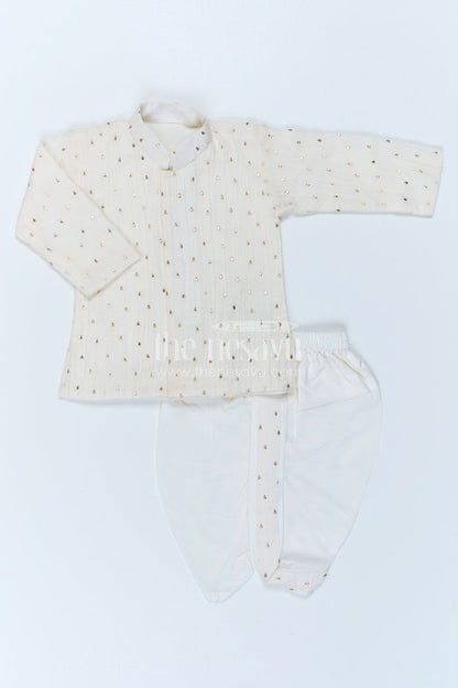 The Nesavu Boys Dothi Set Boys Traditional Dothi Set for Naming Ceremony and Pooja Nesavu 10 (NB) / Half white / Viscose Silk BES1020A-10 Nesavu Boys Traditional Dothi Set With Foil Detailing For Pooja And Festive Celebrations