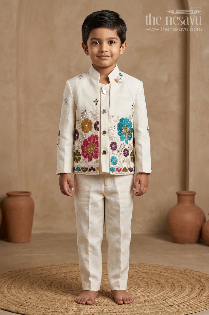 The Nesavu Boys Jacket Sets Boys Traditional Jacket Set for Weddings and Festive Occasions Nesavu 14 (6M) / White / Viscose BES977A-14 Nesavu Boys Ethnic Jacket Set In White Viscose Silk With Thread Embroidery For Weddings And Festive Occasions