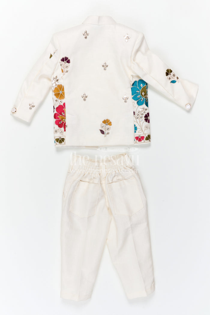 The Nesavu Boys Jacket Sets Boys Traditional Jacket Set for Weddings and Festive Occasions Nesavu Nesavu Boys Ethnic Jacket Set In White Viscose Silk With Thread Embroidery For Weddings And Festive Occasions