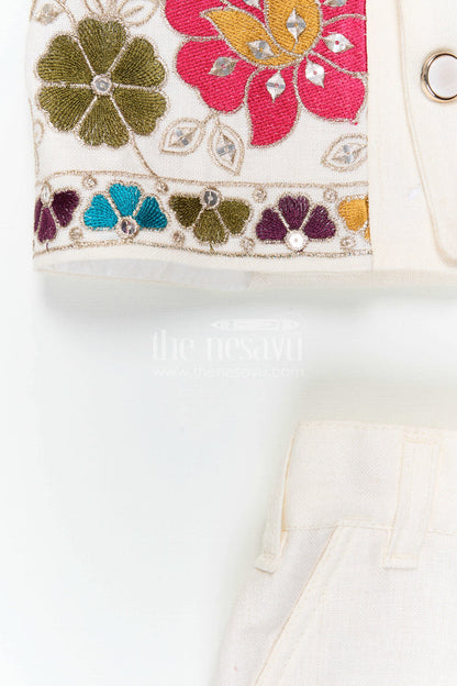 The Nesavu Boys Jacket Sets Boys Traditional Jacket Set for Weddings and Festive Occasions Nesavu Nesavu Boys Ethnic Jacket Set In White Viscose Silk With Thread Embroidery For Weddings And Festive Occasions