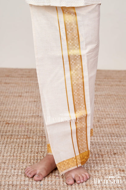 The Nesavu Boys Vesti Boys Traditional Vesti for Cultural Day and Simple Rituals Nesavu 16 (1Y) / Cream D035C-16 Nesavu boys tissue vesti golden zari lines school functions everyday rituals