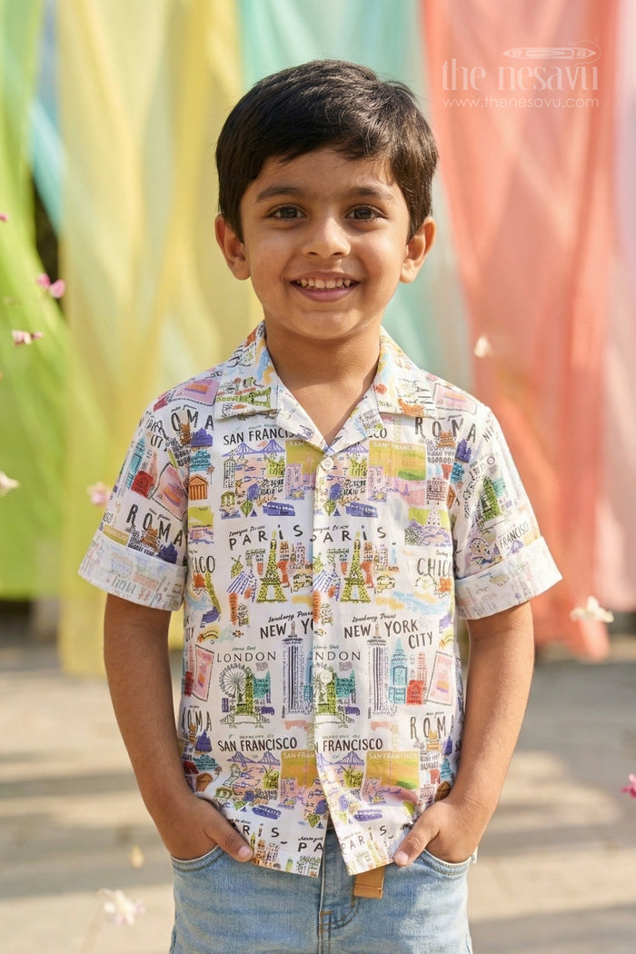 The Nesavu Boys Cotton Shirt Boys Travel Theme Printed Cotton Shirt for Holiday Outings and Casual Wear Nesavu 20 (3Y) / Multicolor / Cotton BS416A-20 Nesavu boys cotton travel print shirt for holidays casual outings and kids summer wear